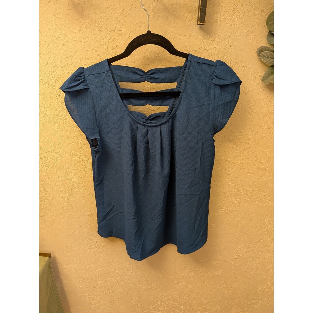 Teal Blue Bow Back Cap Sleeve Blouse Top Women's Shirt Size Small